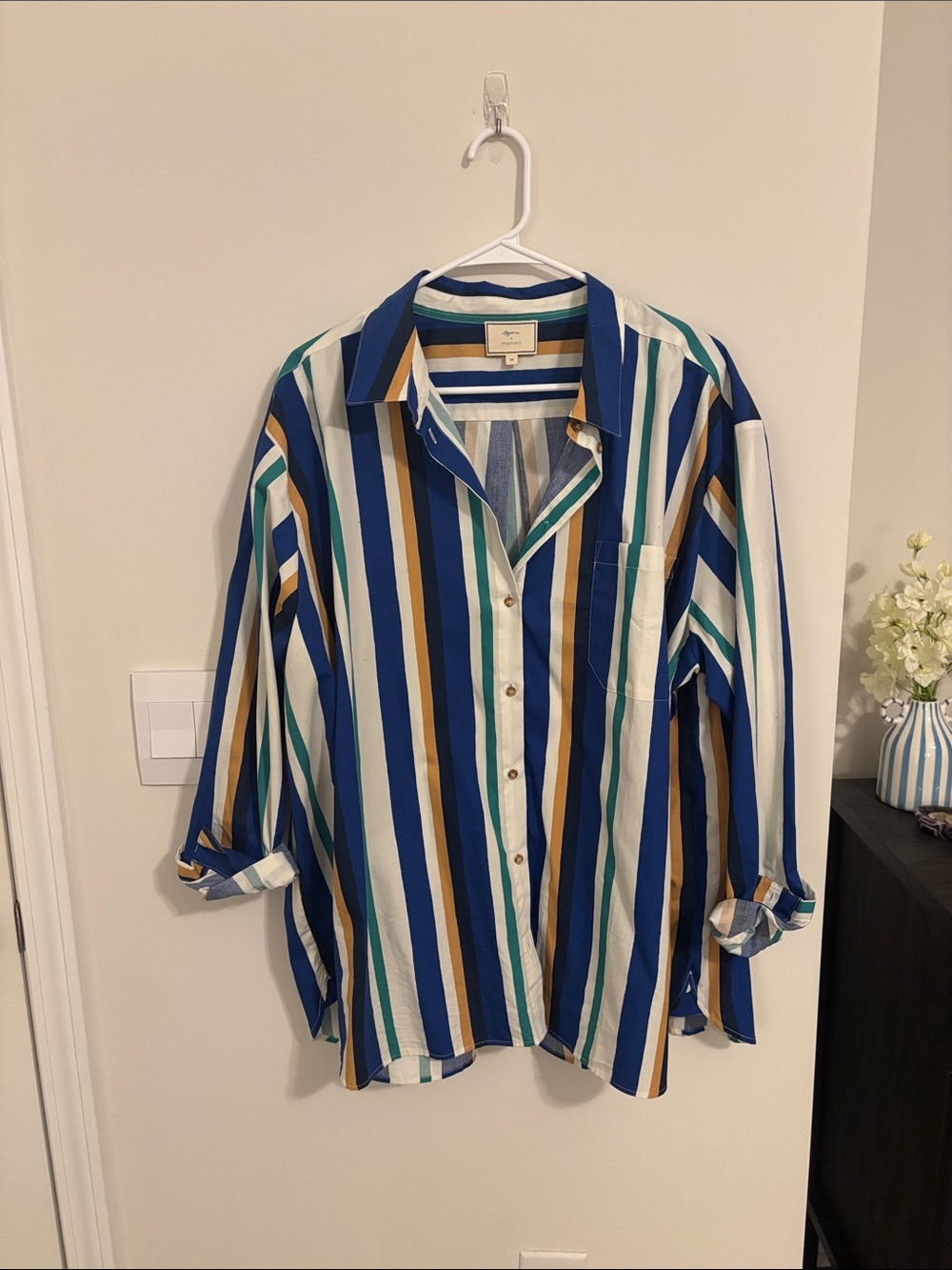 Sezane Striped Button-Down Shirt in Blue, White & Gold